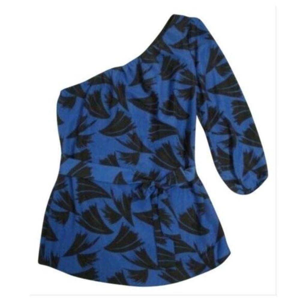 New Guess One Shoulder Punk 80's Tunic Shirt Top Size M or L Blue Black Belted